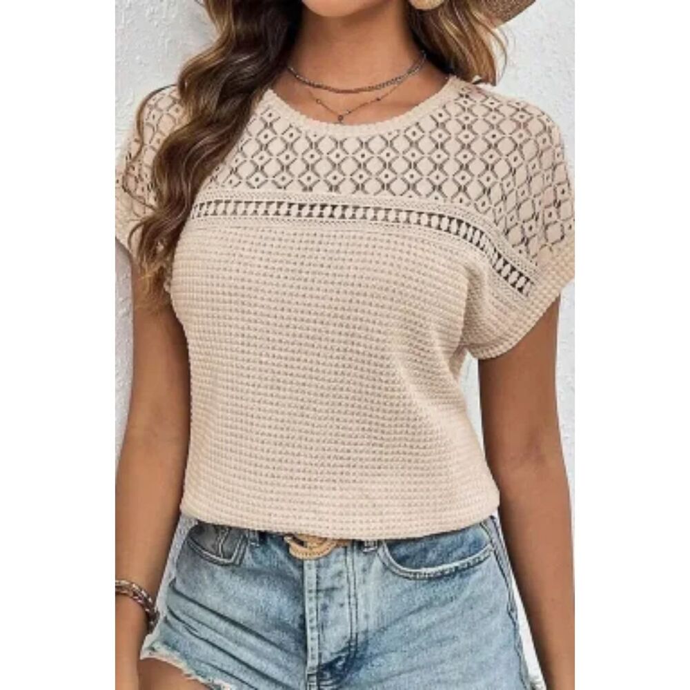 SHEWIN WOMEN OATMEAL HOLLOW PATCHWORK WAFFLE KNIT TOP